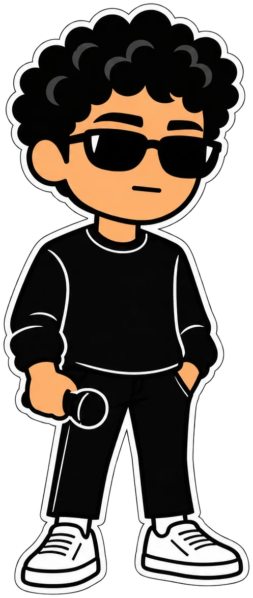 Aly, drawn as a cartoon, holding a microphone