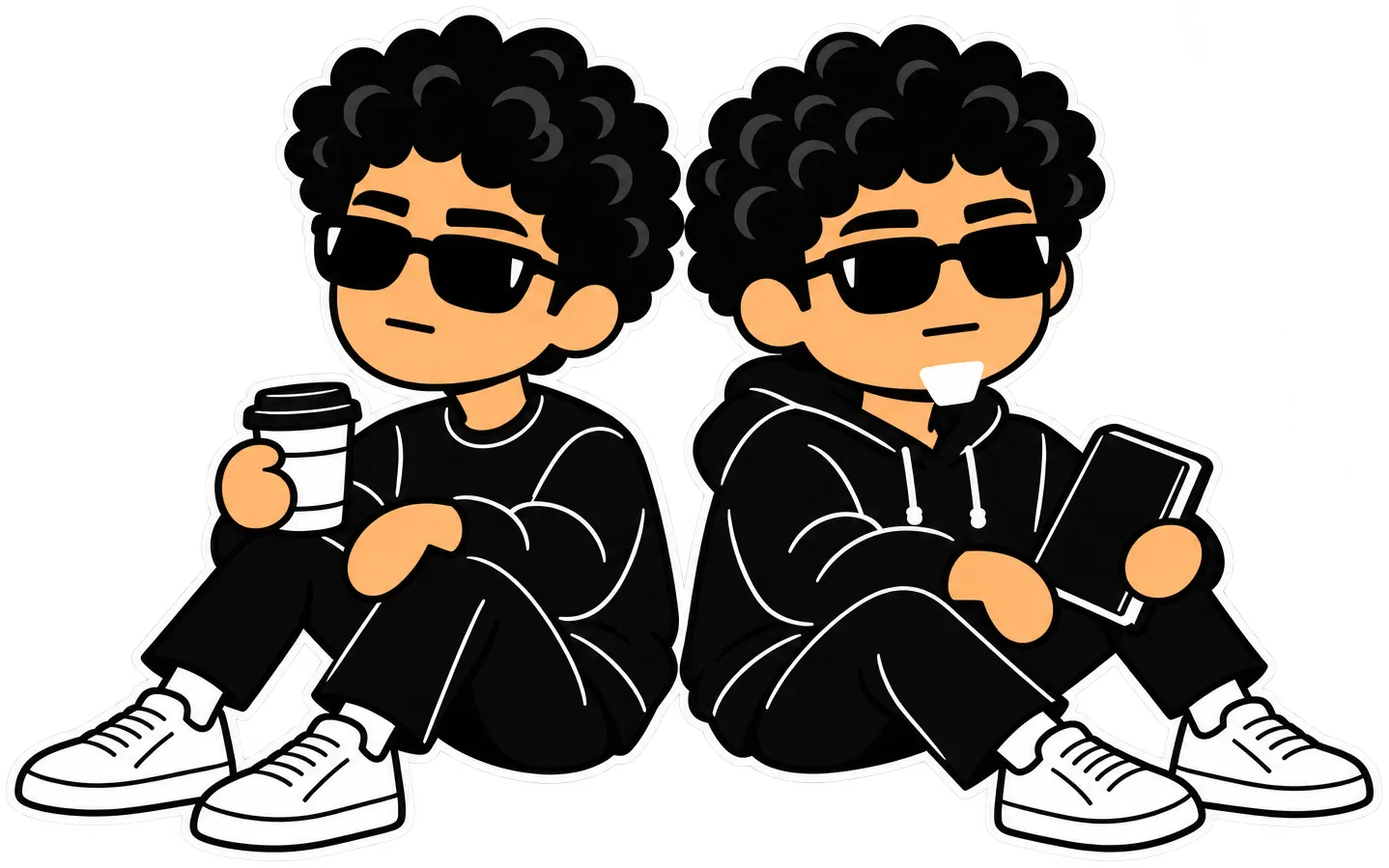 Aly with a coffee and Mo with a tablet, sitting back to back on the floor.