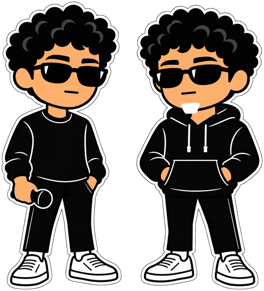 Aly holding a microphone and Mo with his hands in his hoodie pocket, standing side by side.