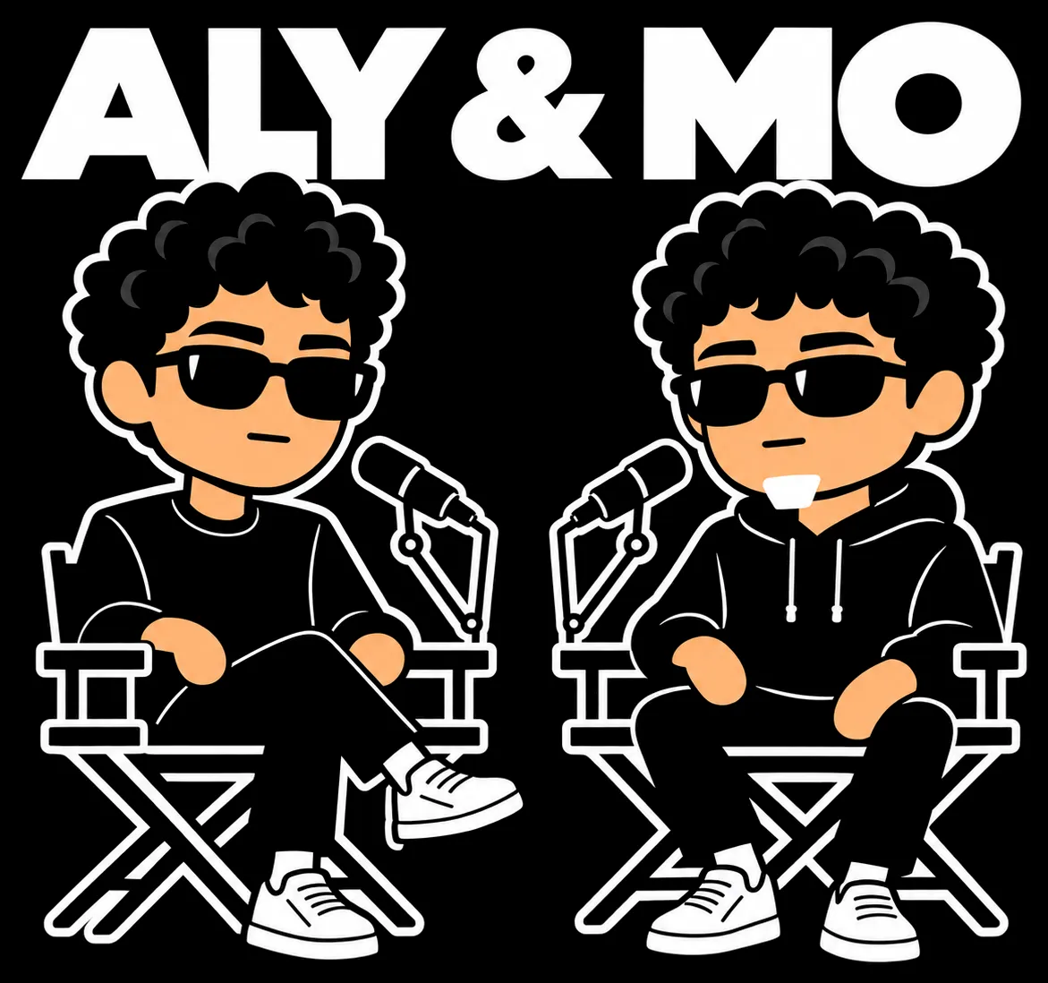 Aly and Mo, drawn as cartoons, sitting in director’s chairs with microphones under the words Aly & Mo.