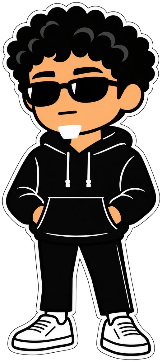 Mo, drawn as a cartoon, hands in his hoodie pocket